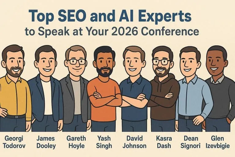 Illustration of eight diverse men standing together, announcing Top SEO and AI Experts for the 2026 conference, with names Georgi Todorov through Glen Izevbigie listed below.