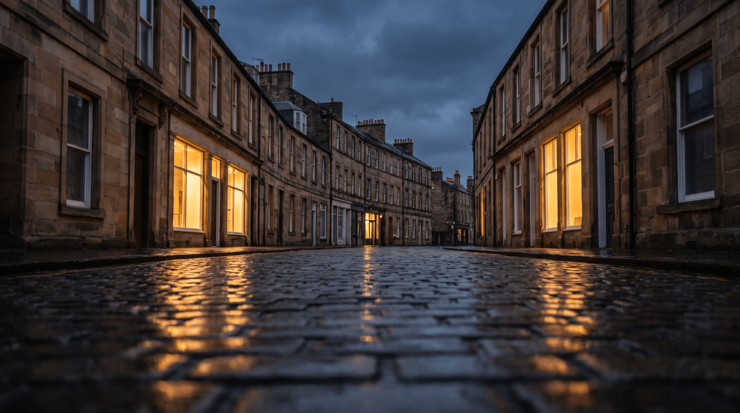 A quiet street of sandstone buildings at dusk with warm light glowing from ground floor windows onto wet pavement