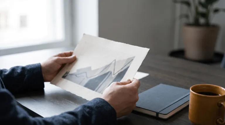 Hands holding a printed performance chart above a desk beside a notebook and a cup of coffee