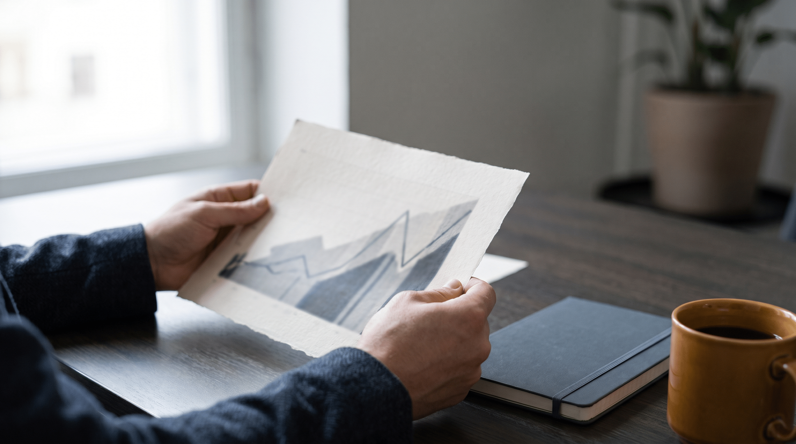 Hands holding a printed performance chart above a desk beside a notebook and a cup of coffee