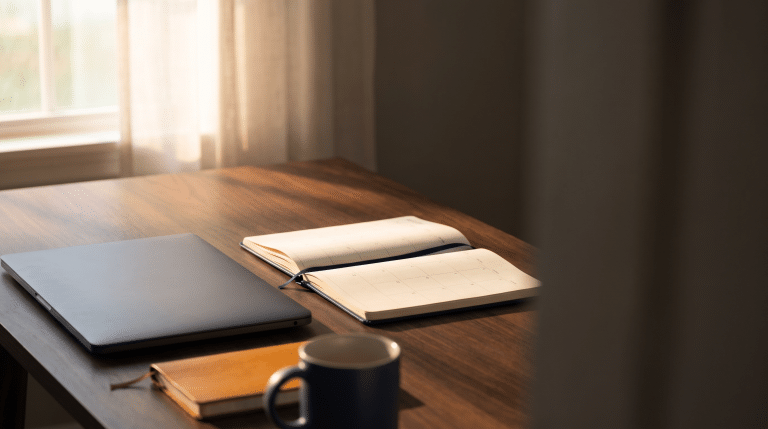An open desk calendar standing beside a closed laptop on a wooden desk in morning light