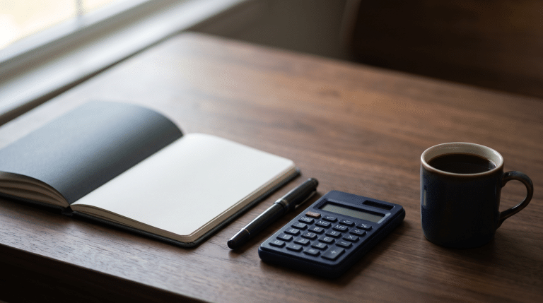 A calculator, open notebook and pen on a wooden desk beside a cup of black coffee