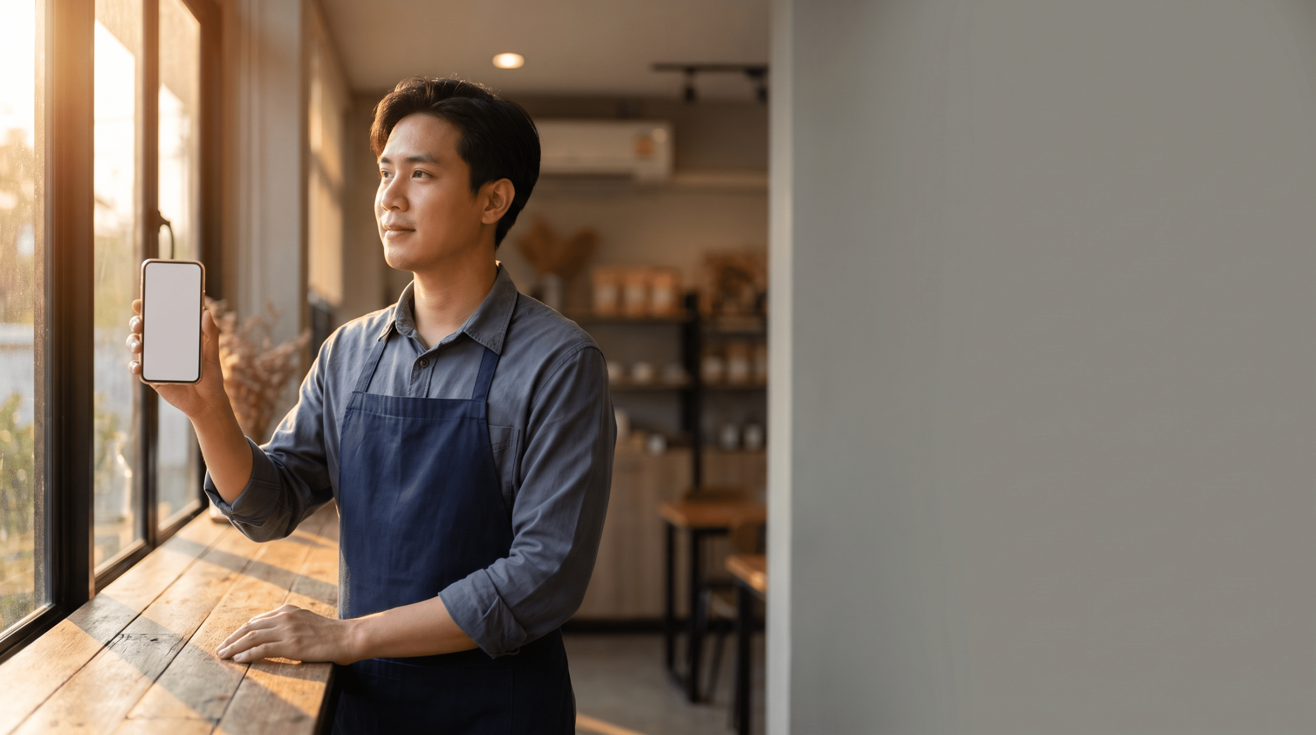 A cafe owner standing behind a wooden counter holding a smartphone in warm morning light