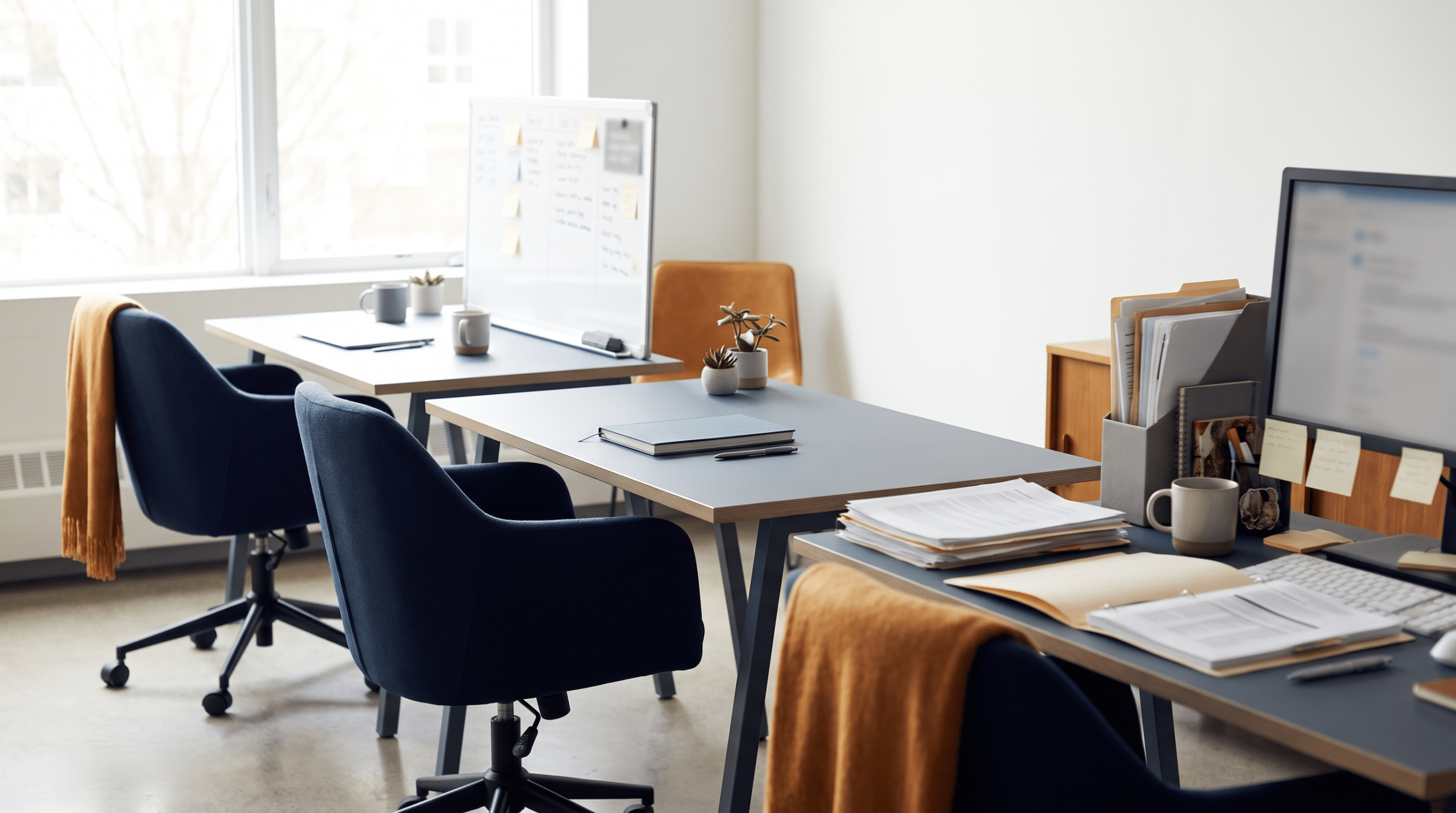 Three empty desks in a bright open office, each arranged differently