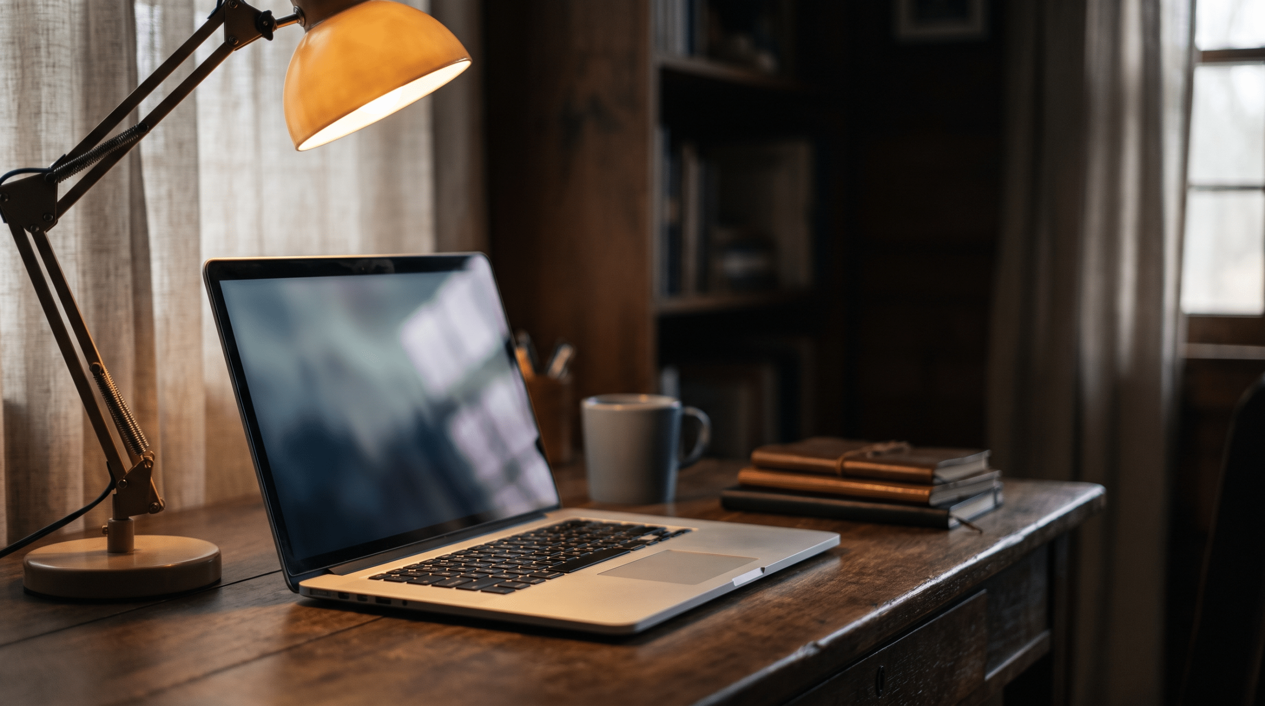 A laptop open on a desk in a dim home office, lit by a single warm desk lamp
