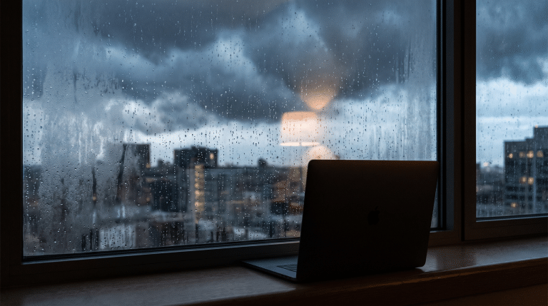 Storm clouds gathering over a city skyline seen through a rain-streaked office window