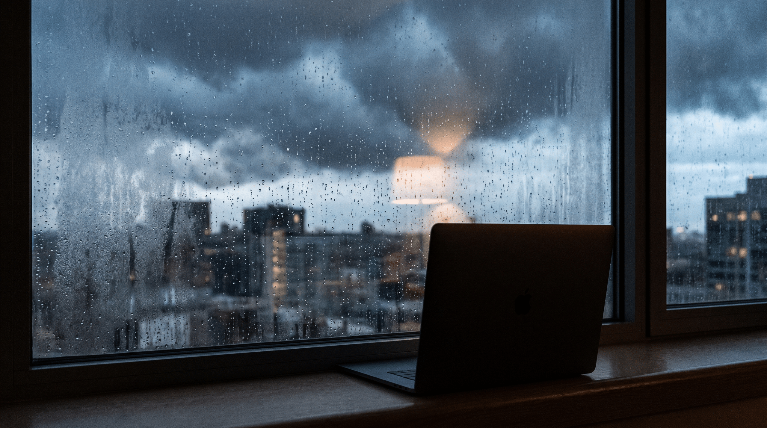 Storm clouds gathering over a city skyline seen through a rain-streaked office window