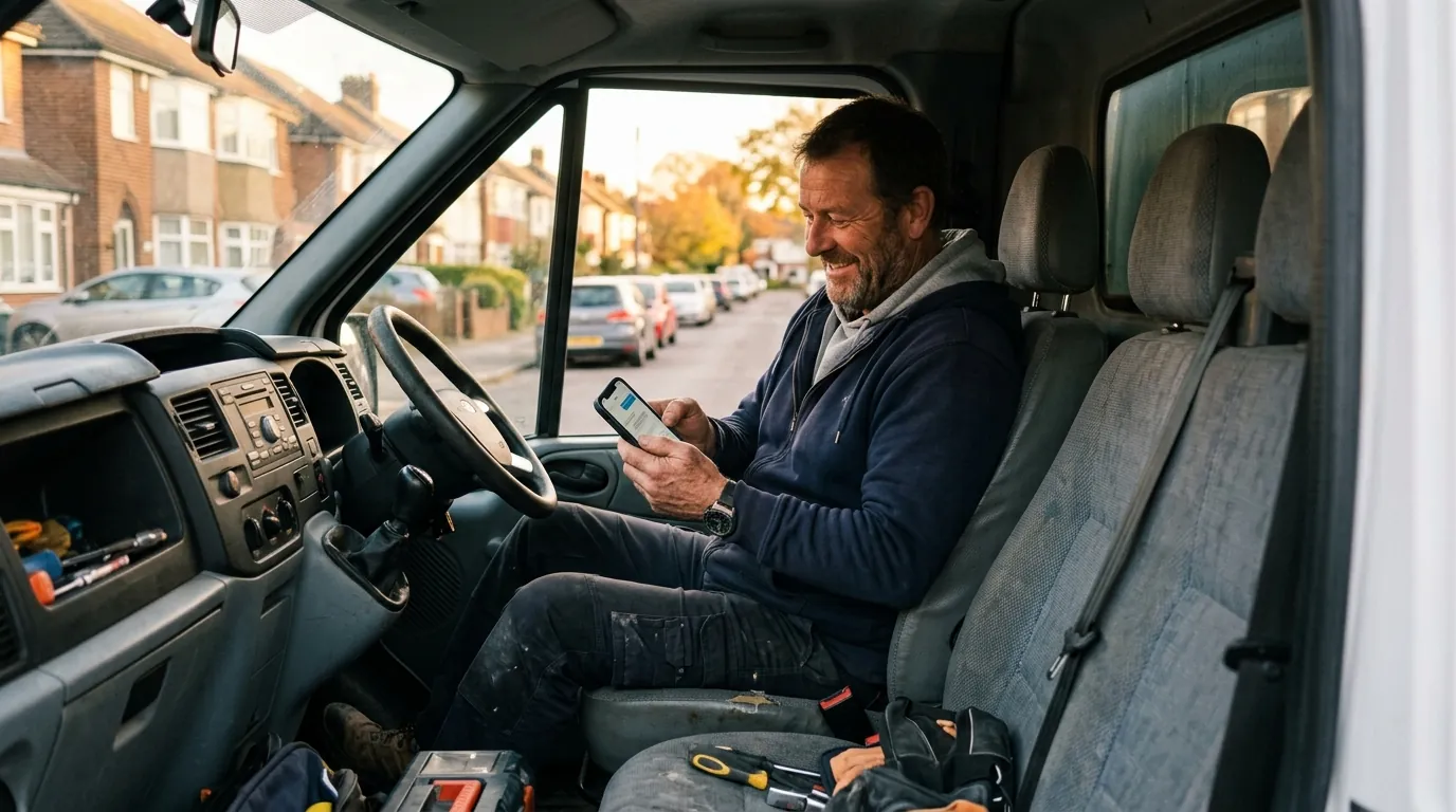 Tradesperson sending a review request text from a van after finishing a job
