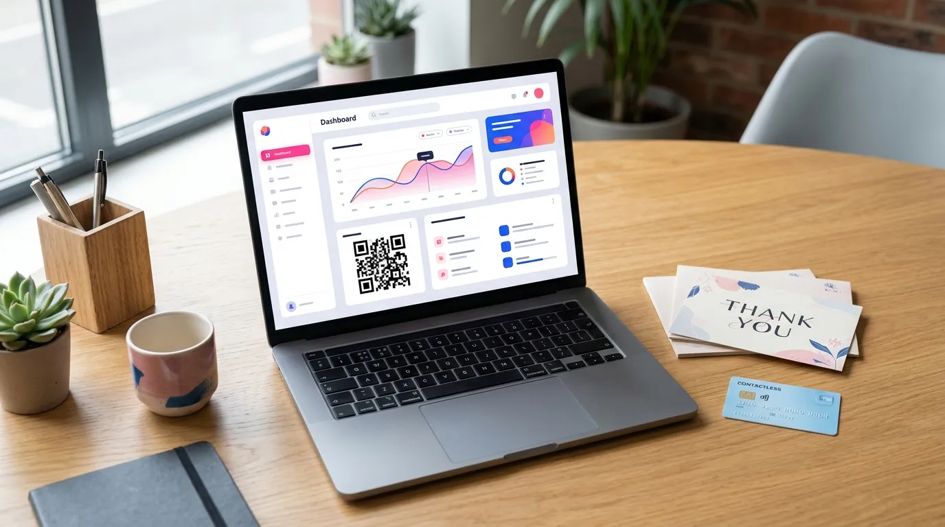 Laptop showing a business review link and QR code next to printed thank you cards