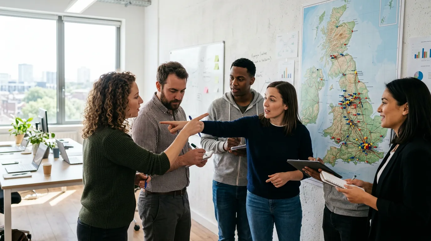 Agency team planning local SEO campaigns around a UK map with city pins