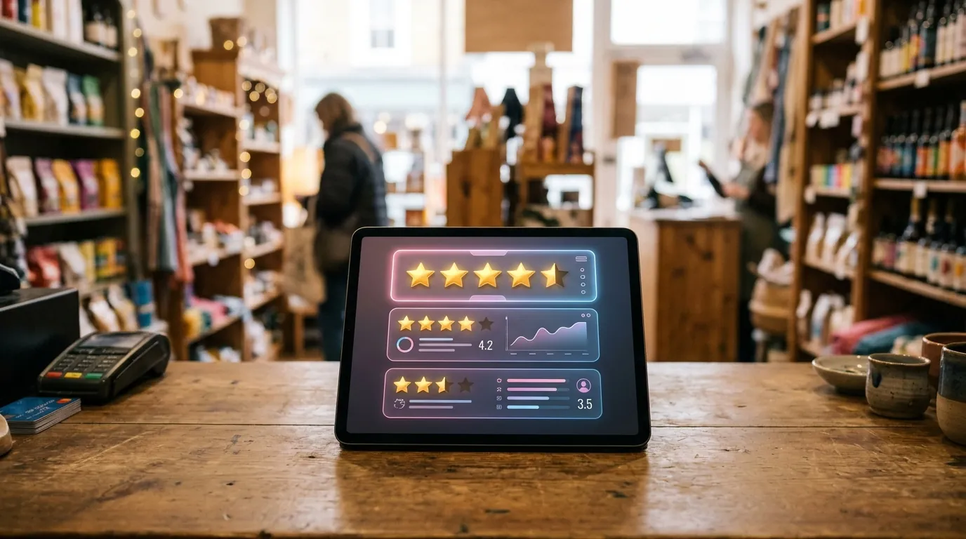 Tablet showing star ratings from several review platforms on a shop counter