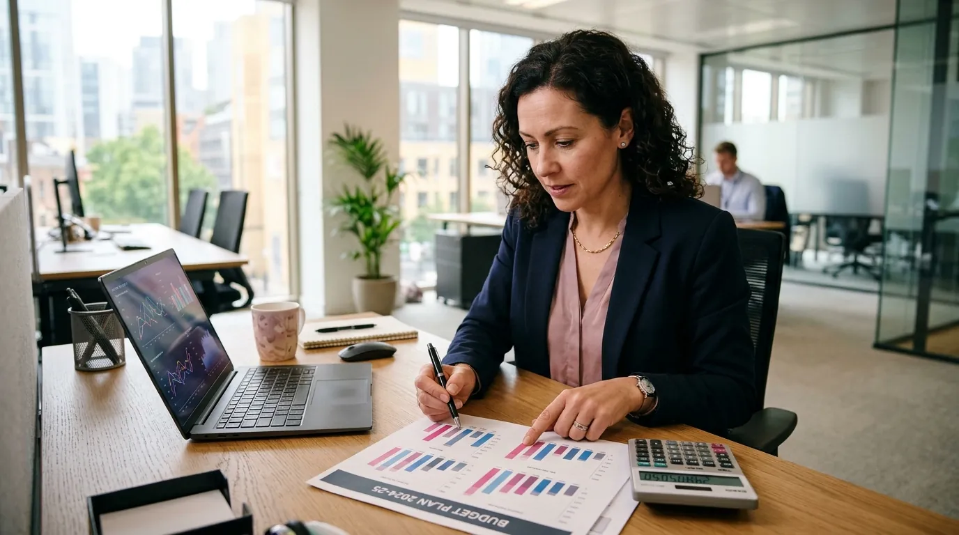 Business owner reviewing an SEO budget plan with charts on a desk