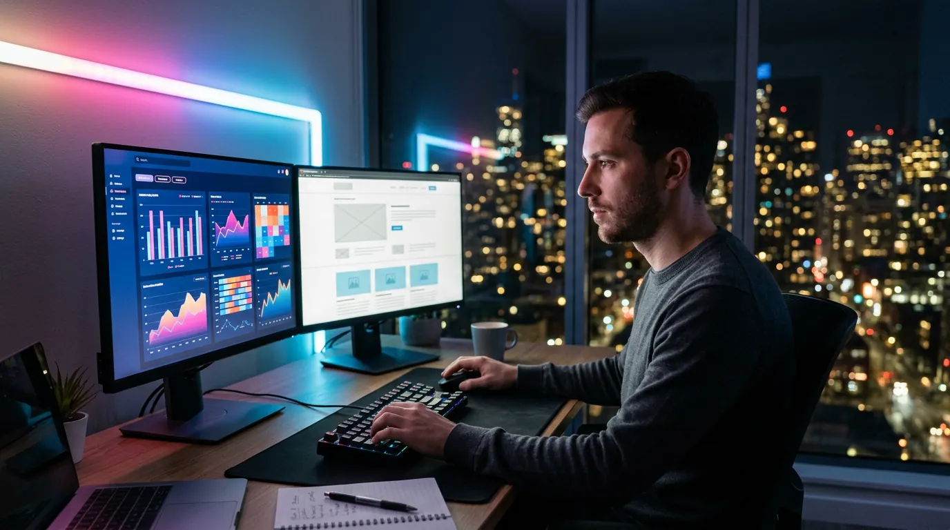 SEO specialist working on analytics and website changes across two monitors