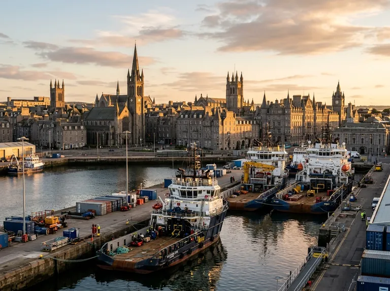 Aberdeen granite city skyline with Marischal College and the harbour at golden hour