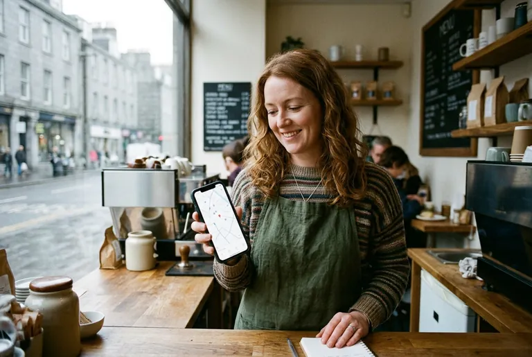 An Aberdeen cafe owner checking her business listing on a smartphone