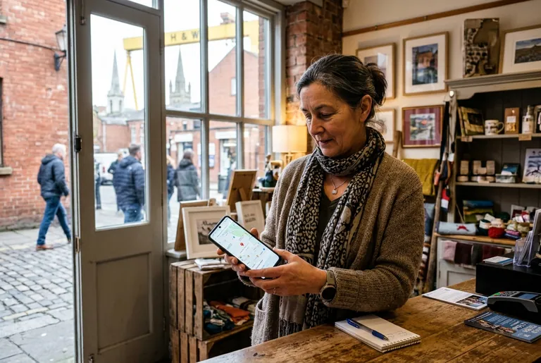 A Belfast Cathedral Quarter shop owner checking her business on a maps app on a smartphone
