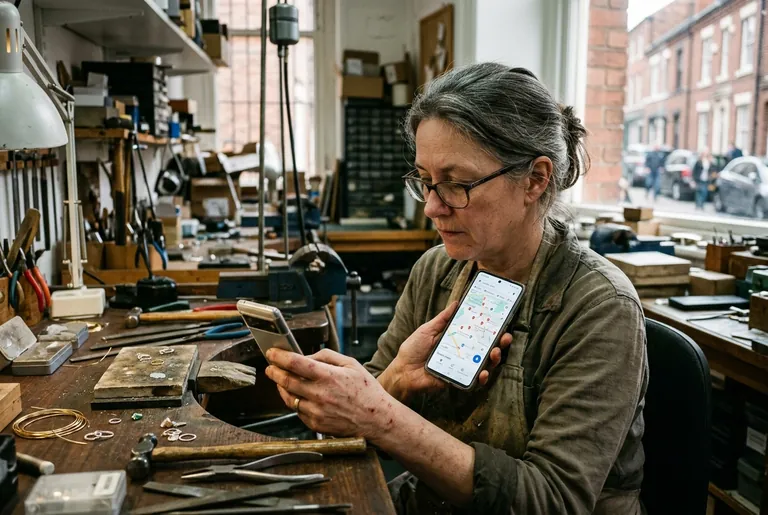 A Jewellery Quarter jeweller in a small workshop checking her business on a maps app on a smartphone