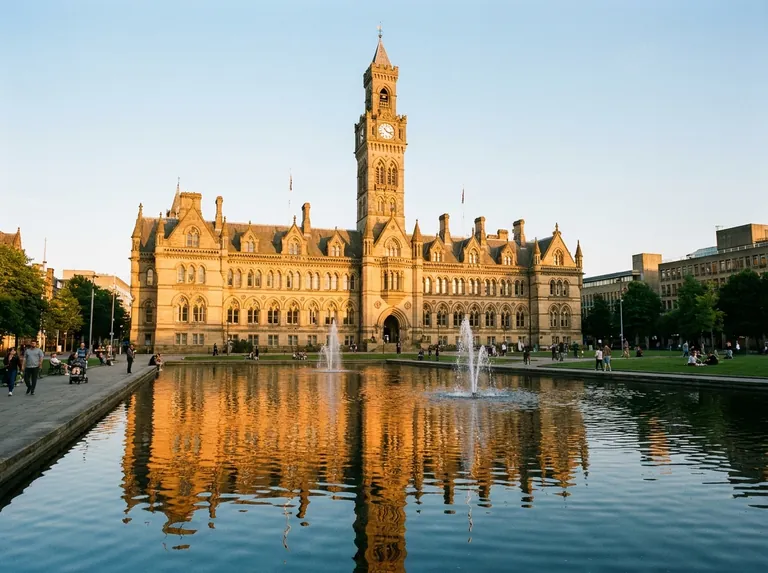 Bradford City Hall and City Park at golden hour