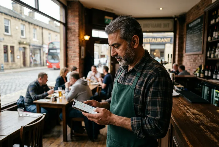 A Bradford restaurant owner checking his business on a maps app on a smartphone