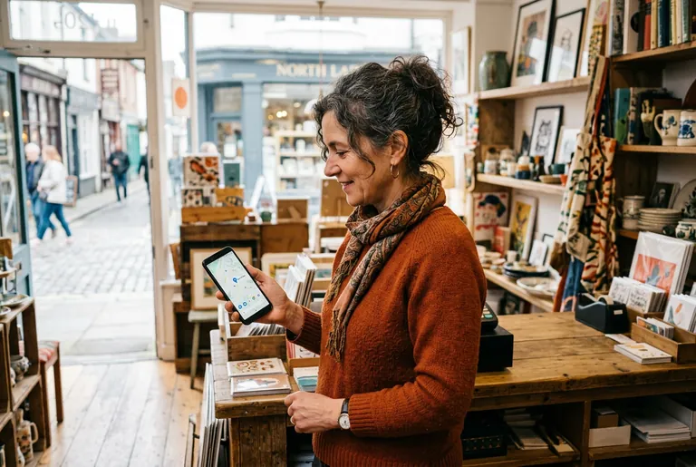 A North Laine independent shop owner in Brighton checking her business on a maps app on a smartphone