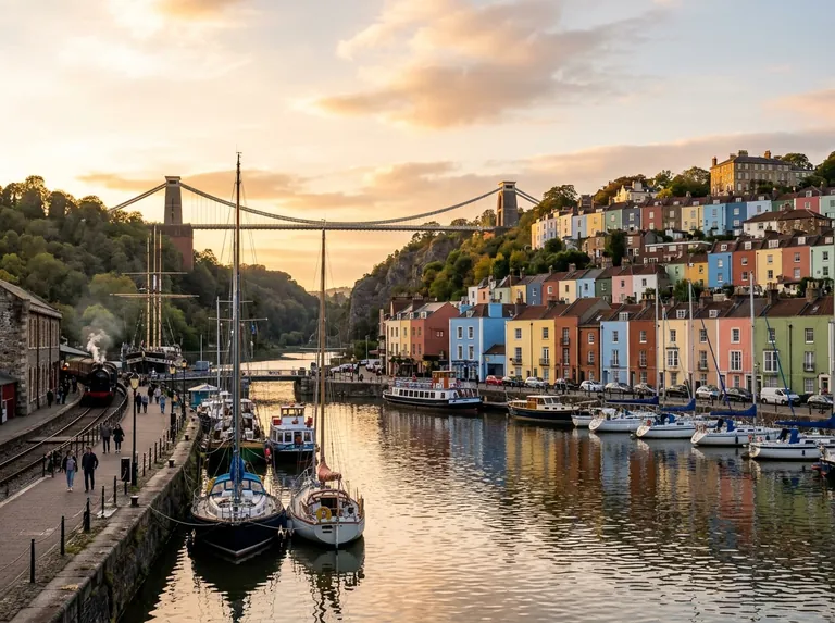 Bristol harbourside at golden hour with colourful houses on the hill and the Clifton Suspension Bridge in the distance