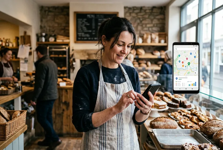 A Clifton independent bakery owner checking her business on a maps app on a smartphone