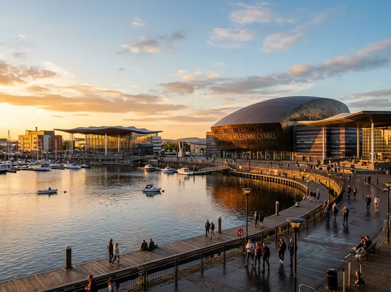 Cardiff Bay at golden hour with the Wales Millennium Centre and the waterfront