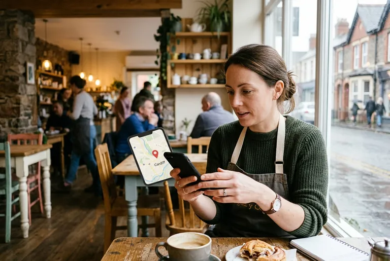A Pontcanna cafe owner in Cardiff checking her business on a maps app on a smartphone