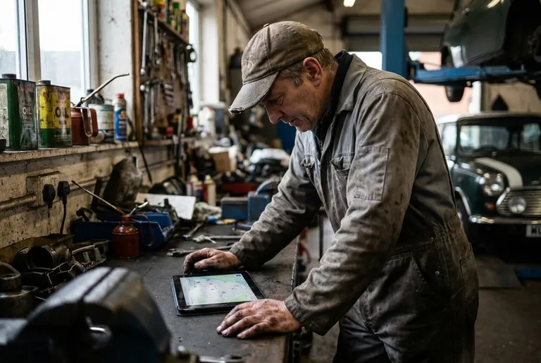 A Coventry motor mechanic in his Earlsdon garage checking his business on a maps app on a tablet