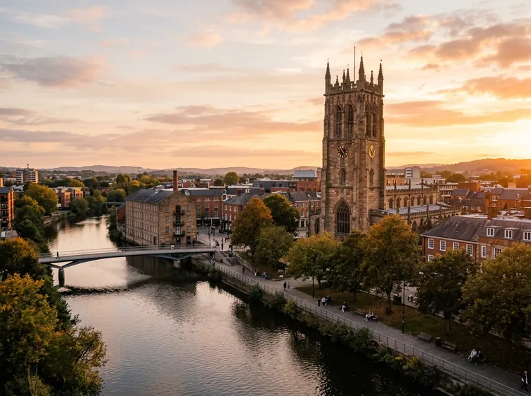 Derby Cathedral Quarter and the River Derwent at golden hour