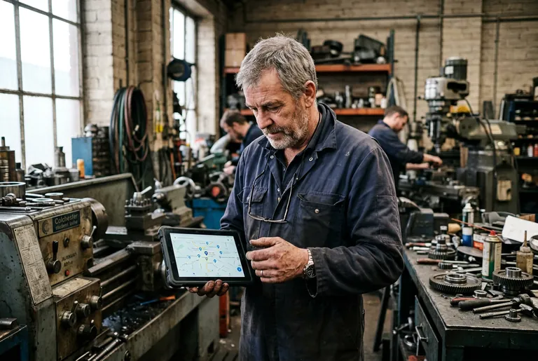 A Derby engineering firm owner in a small workshop checking his business on a maps app on a tablet