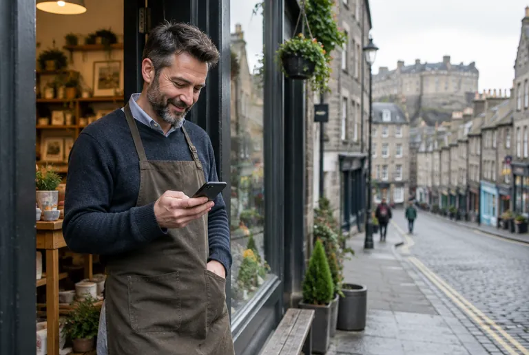 Edinburgh Old Town shop owner checking his business on Google Maps on a smartphone