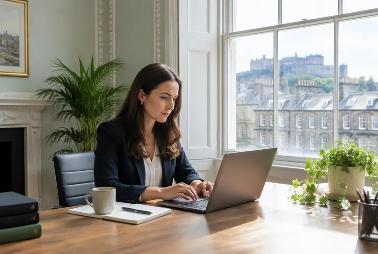 Professional working on a laptop in a bright Georgian New Town office in Edinburgh