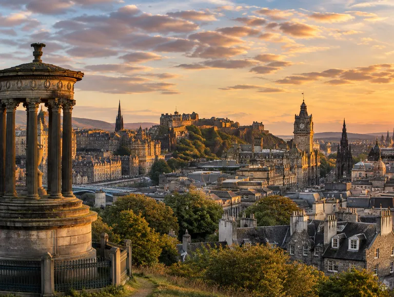 Edinburgh skyline with the castle and Old Town at sunset from Calton Hill