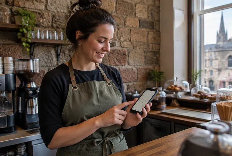 Glasgow cafe owner checking her business on Google Maps on a smartphone