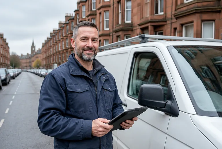 Glasgow tradesman beside his van on a sandstone tenement street holding a tablet
