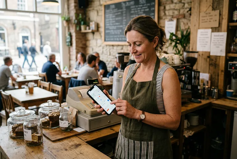 A Hull Fruit Market cafe owner checking her business on a maps app on a smartphone