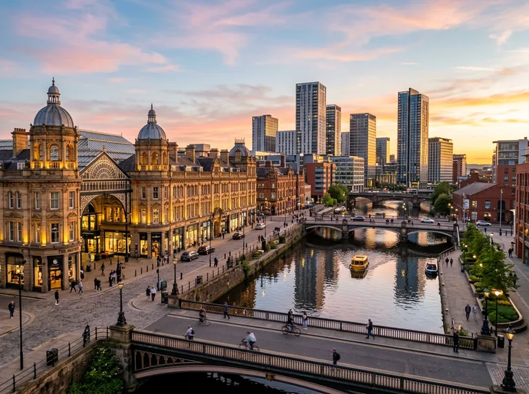 Leeds city centre at sunset with Victorian arcades and modern towers along the River Aire