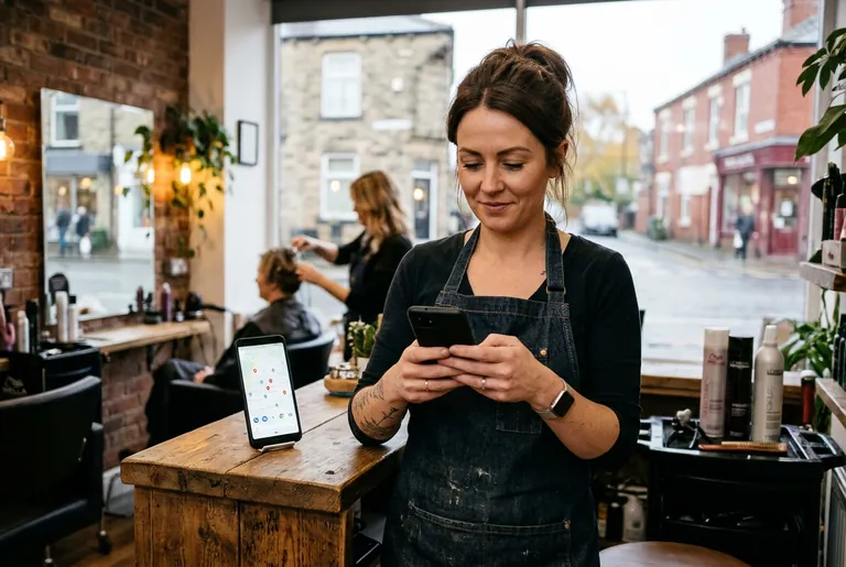 A Leeds hairdresser in her Chapel Allerton salon checking her business on a maps app on a smartphone