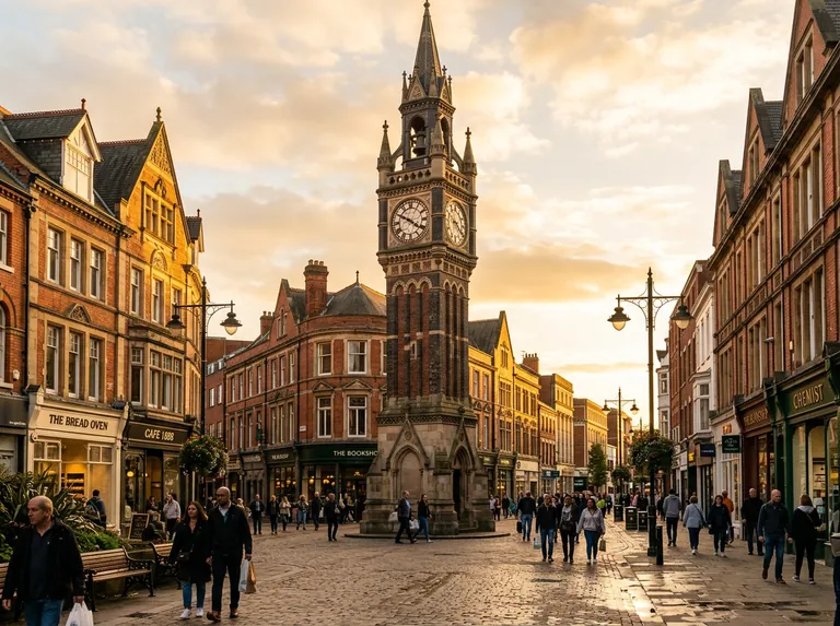 Leicester city centre with the Clock Tower and Victorian shopping streets at golden hour