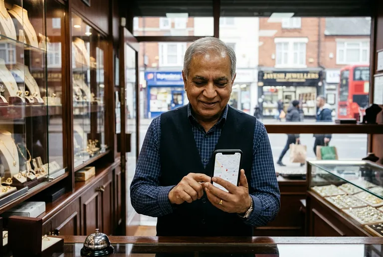 A Golden Mile jewellery shop owner on Belgrave Road checking his business on a maps app on a smartphone