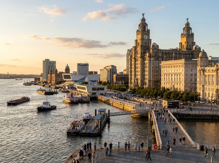 Liverpool waterfront at golden hour with the Royal Liver Building and the River Mersey