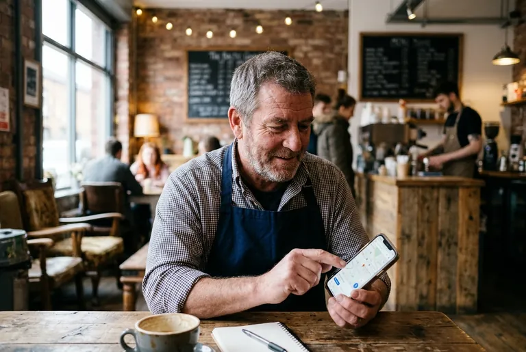 A Baltic Triangle cafe owner checking his business on a maps app on a smartphone