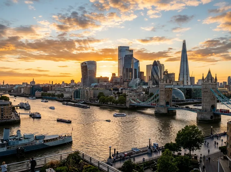 London skyline at golden hour with the River Thames, Tower Bridge and the City towers