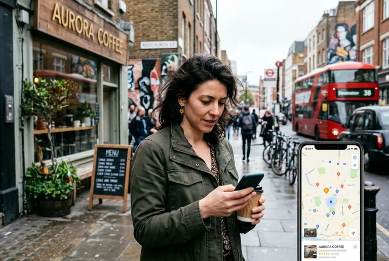 A London coffee shop owner in a Shoreditch style street checking a maps app on a smartphone