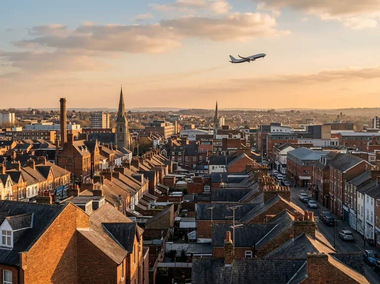 London Luton Airport area and Luton town at golden hour with planes overhead