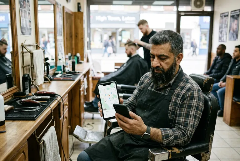 A Luton High Town barber checking his business on a maps app on a smartphone