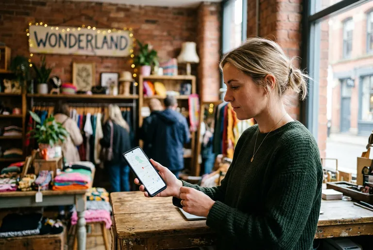 A Northern Quarter boutique owner checking her business on a maps app on a smartphone