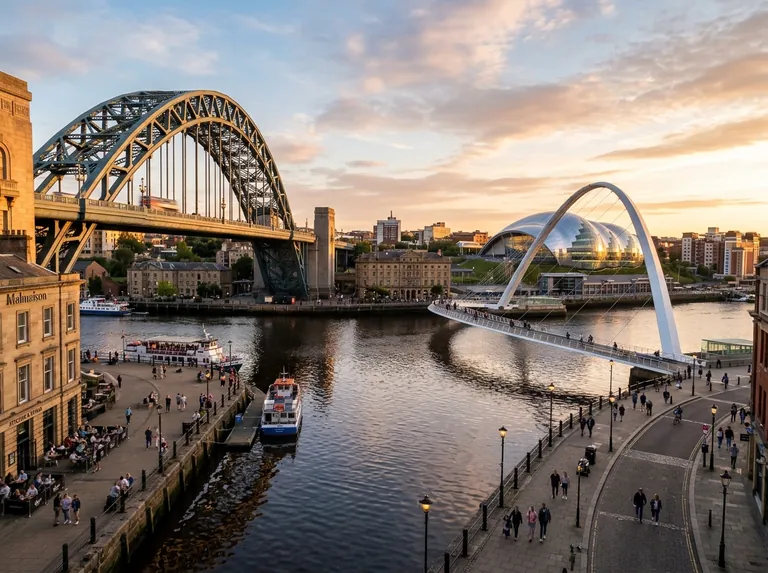 Newcastle Quayside at golden hour with the Tyne Bridge and the Millennium Bridge
