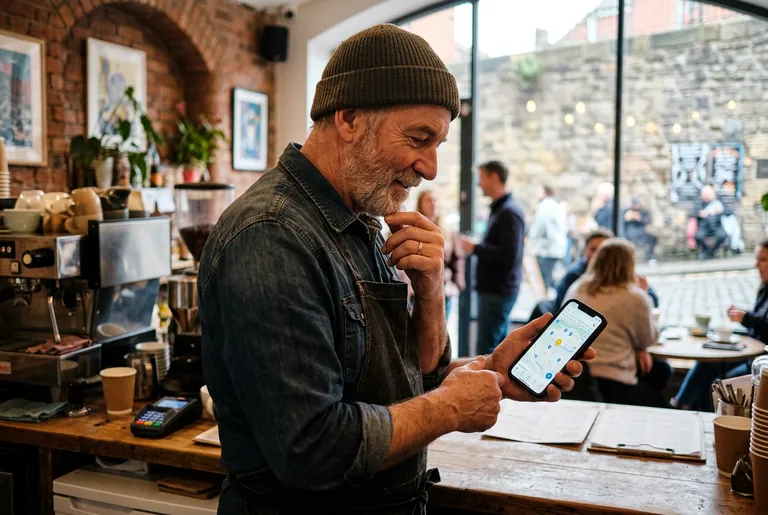A Newcastle Ouseburn cafe owner checking his business on a maps app on a smartphone